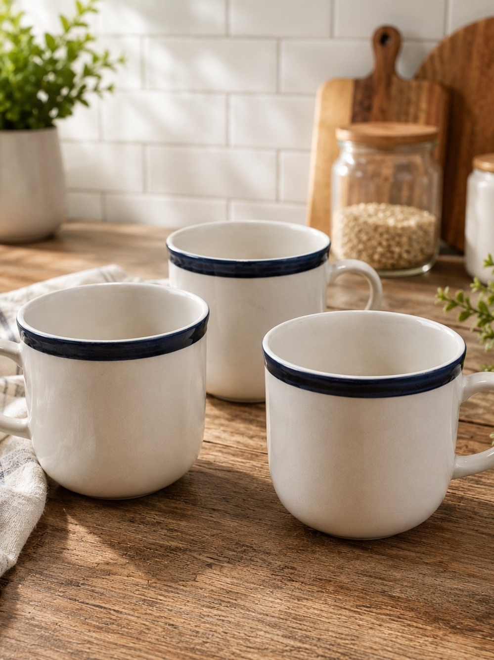 Kitchen Basics Colors by Tienshan Set of 3 White Ceramic Coffee Mugs Blue Rim
